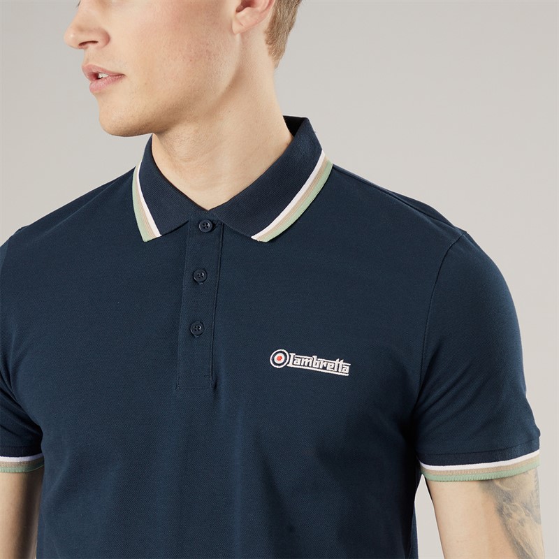 Lambretta Mens Triple Tipped Polo Shirt Navy Navy White/Stone/Basil