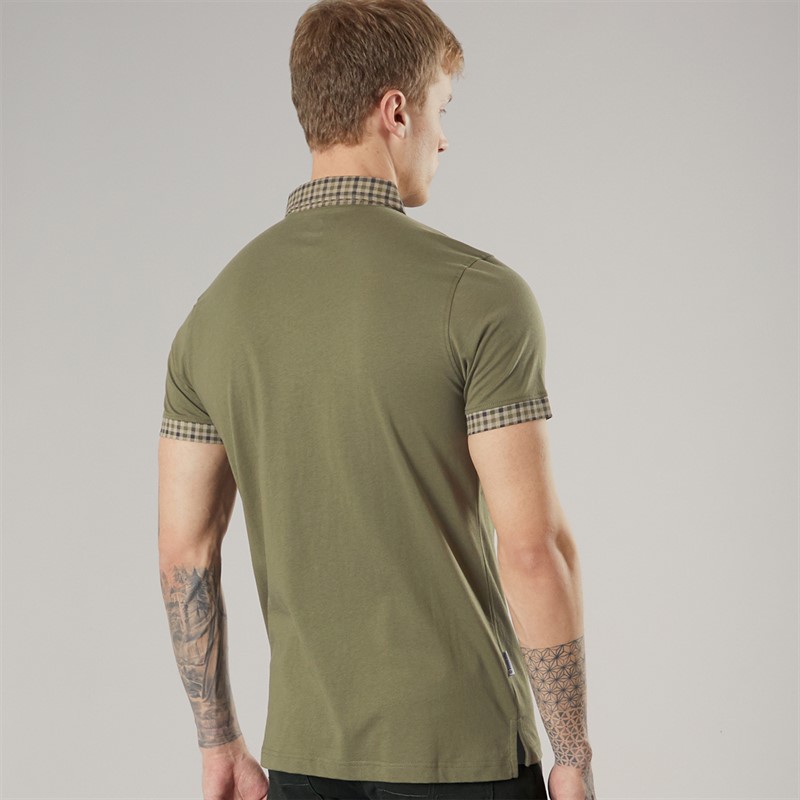 Lambretta Mens Gingham Collar Polo Shirt Khaki