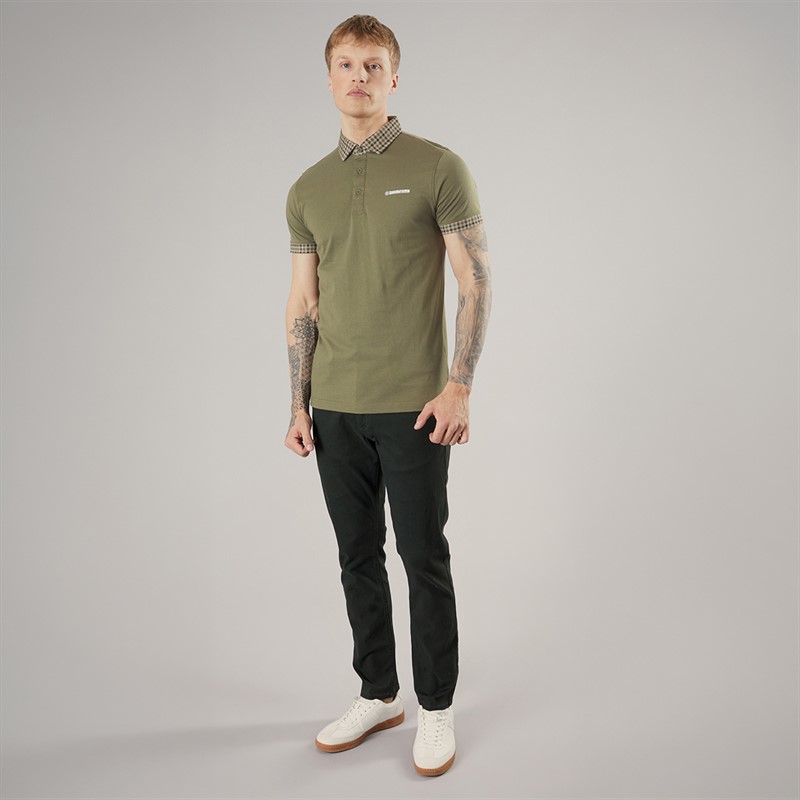 Lambretta Mens Gingham Collar Polo Shirt Khaki