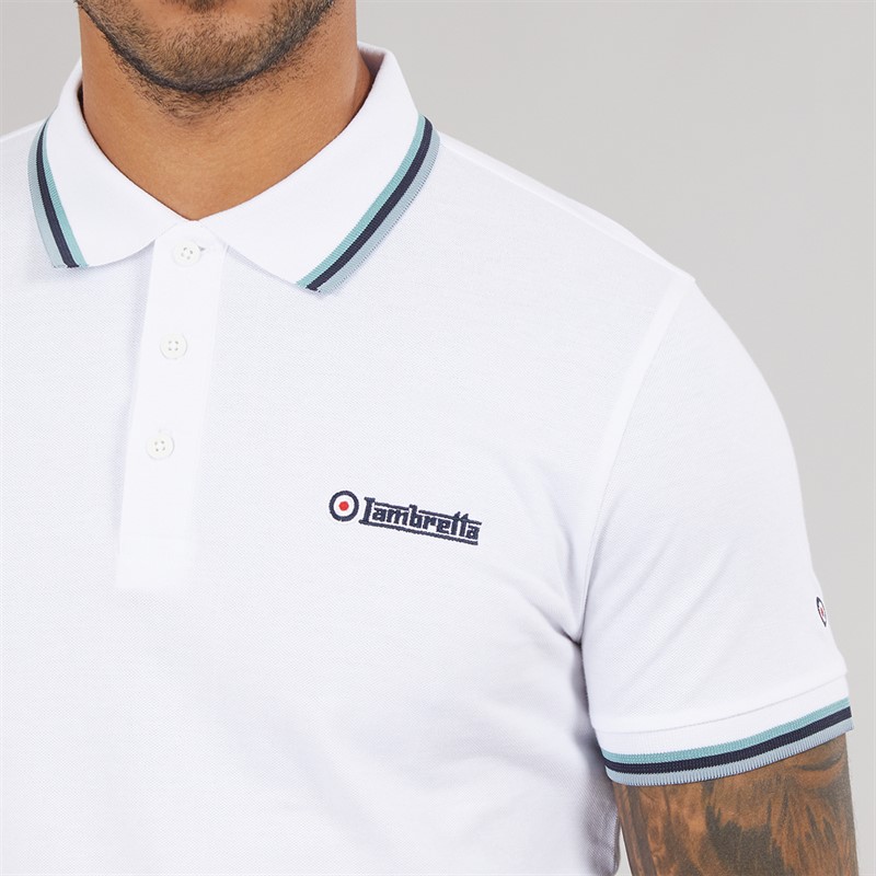 Lambretta Mens Triple Tipped Polo Shirt White Cameo/Navy/Sky
