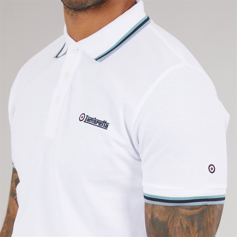 Lambretta Mens Triple Tipped Polo Shirt White Cameo/Navy/Sky