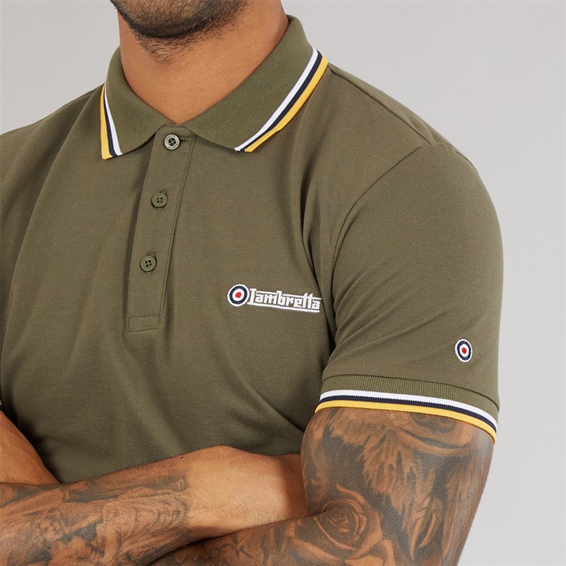 Lambretta Mens Triple Tipped Polo Shirt Khaki White/Navy/Gold
