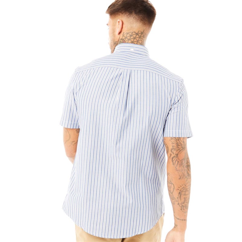 Farah Męskie Dion Stripe Koszule z Krótkim Rękawem Mid Niebieski