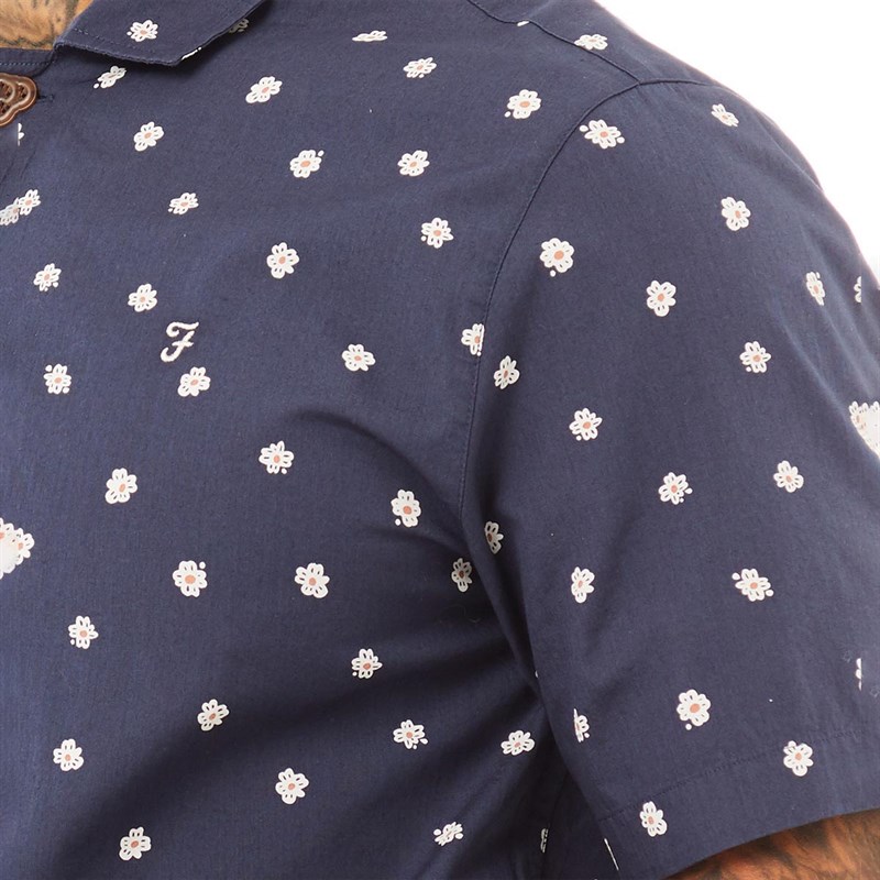 FARAH Mens Keene Printed Short Sleeve Shirt Navy