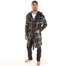 Farah Mens Linbi Hooded Fleece Dressing Gown Black/Charcoal/Khaki/Grey Check