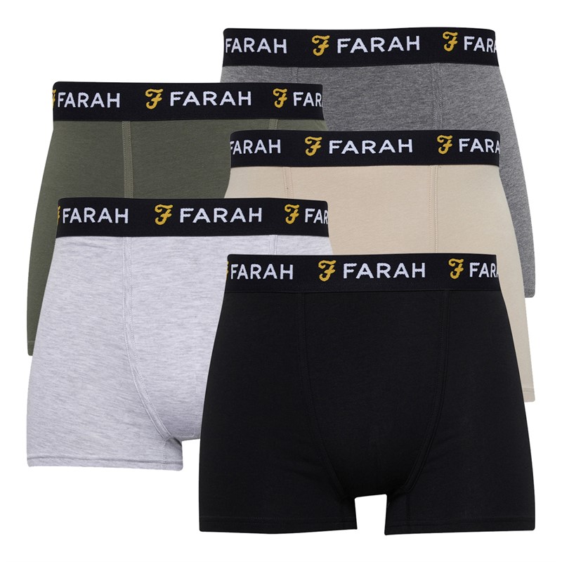 Farah Mens Nelci Five Pack Boxers Black/Khaki/Grey Marl/Stone/Charcoal Marl