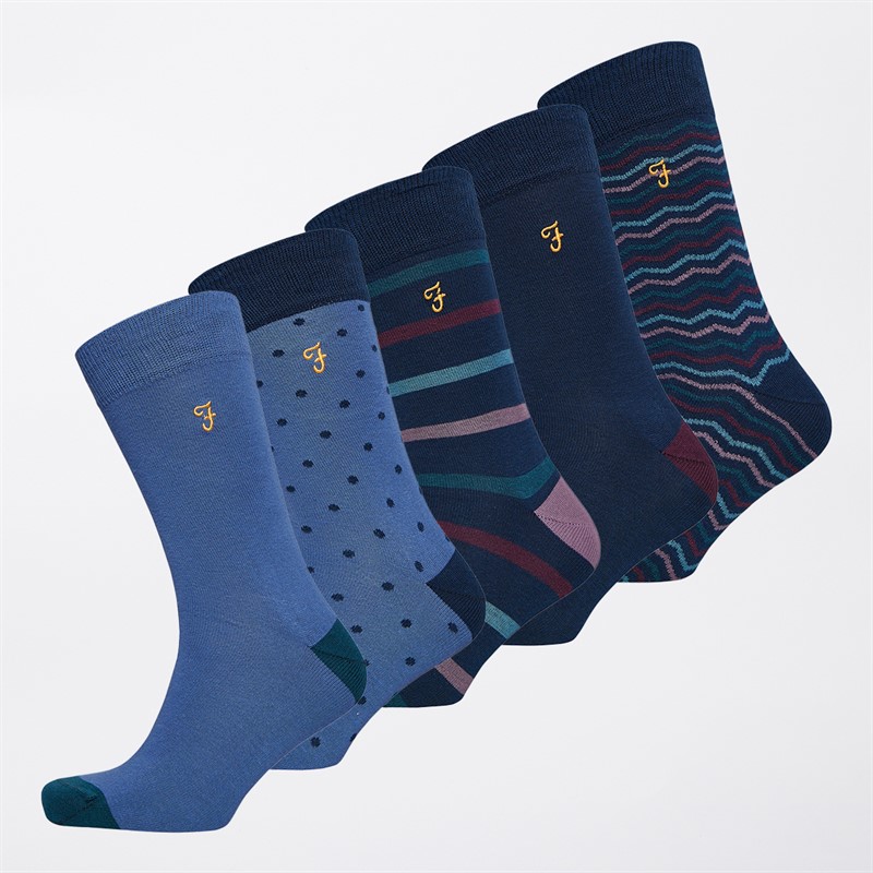 Farah Mens Sawao Five Pack Dress Socks Mixed/Jacquard Patterns/Stripes