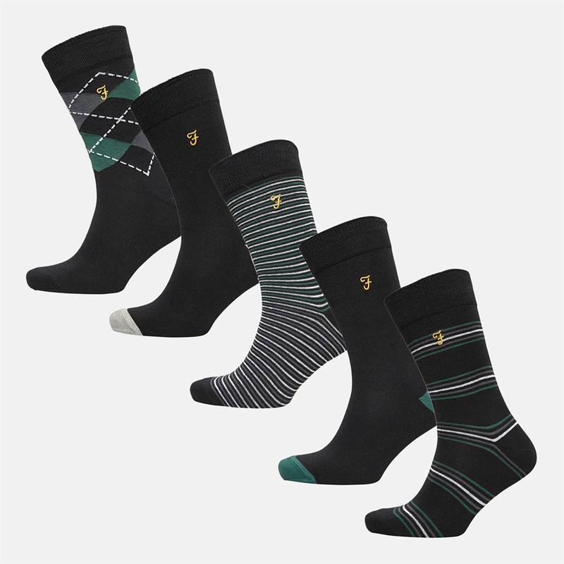 Farah Mens Kibor Five Pack Dress Socks Black/Jacquard Patterns/Stripes