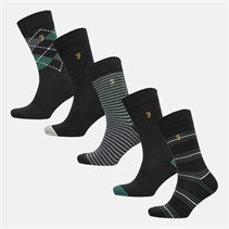 Farah Mens Kibor Five Pack Dress Socks Black/Jacquard Patterns/Stripes
