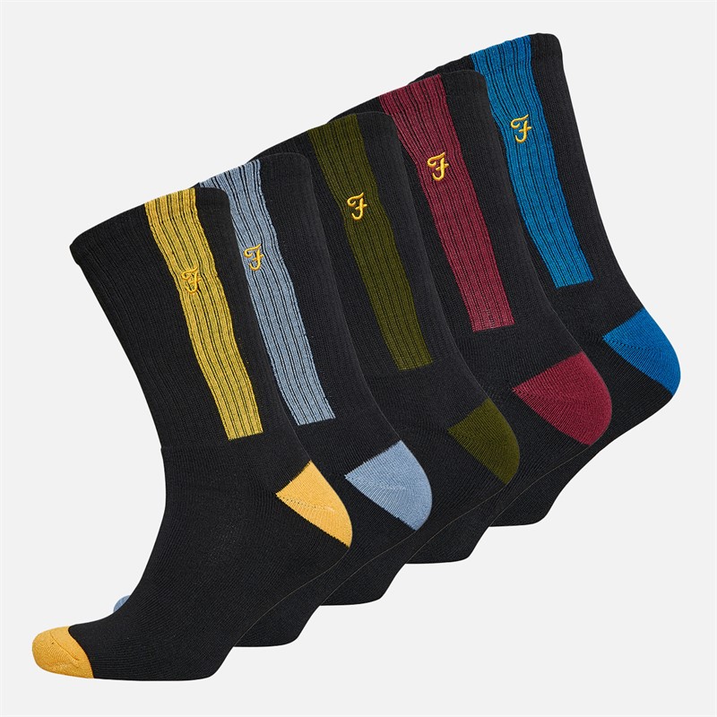 Farah Mens Melleck Five Pack Crew Socks Black