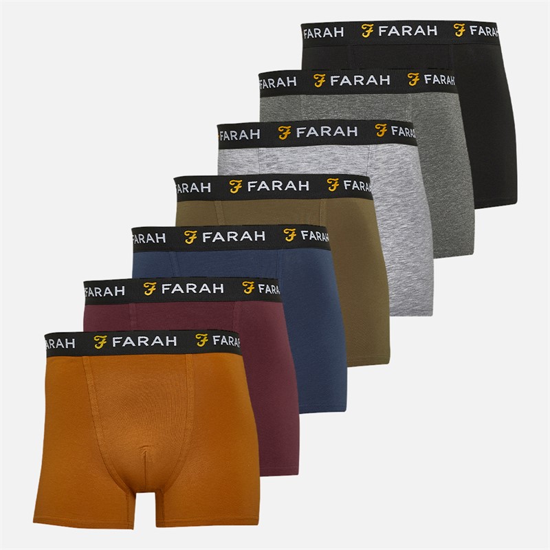 Farah Mens Kalle Seven Pack Boxers Black/Olive Green/Navy/Charcoal Marl/Burnt Ochre/Grey Marl/Bordeaux