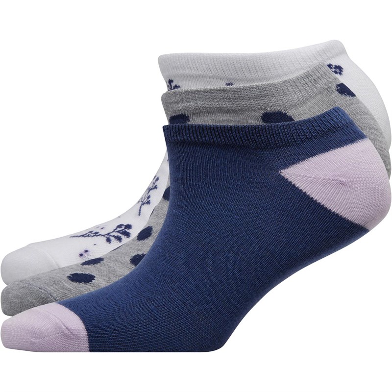 Image of Fruitcake Womens Three Pack Printed Trainer Liner Socks White Print/Blue Sport/Blue Plain