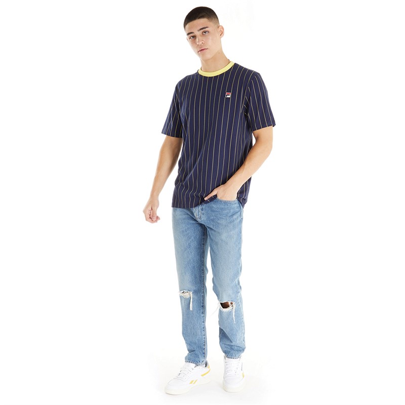 Fila Mens Fionn Pin Striped T-Shirt Fila Navy/Limelight