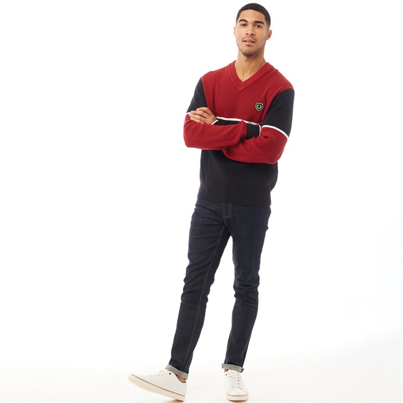 Fred Perry Mens Shield Badge V Neck Knitted Jumper Deep Scarlet