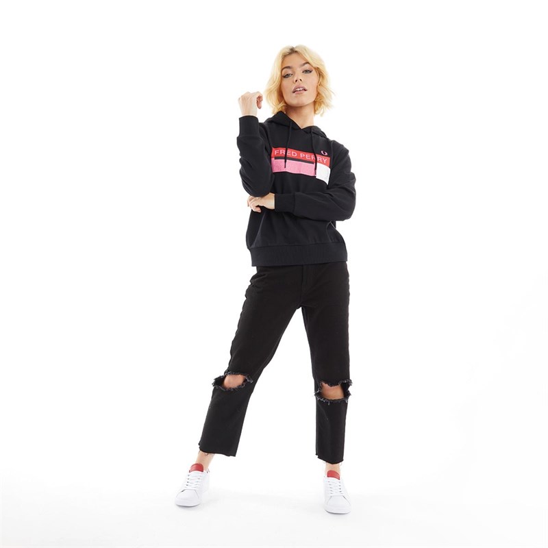 Fred Perry Damen Graphic Print Kapuzenpullover Schwarz