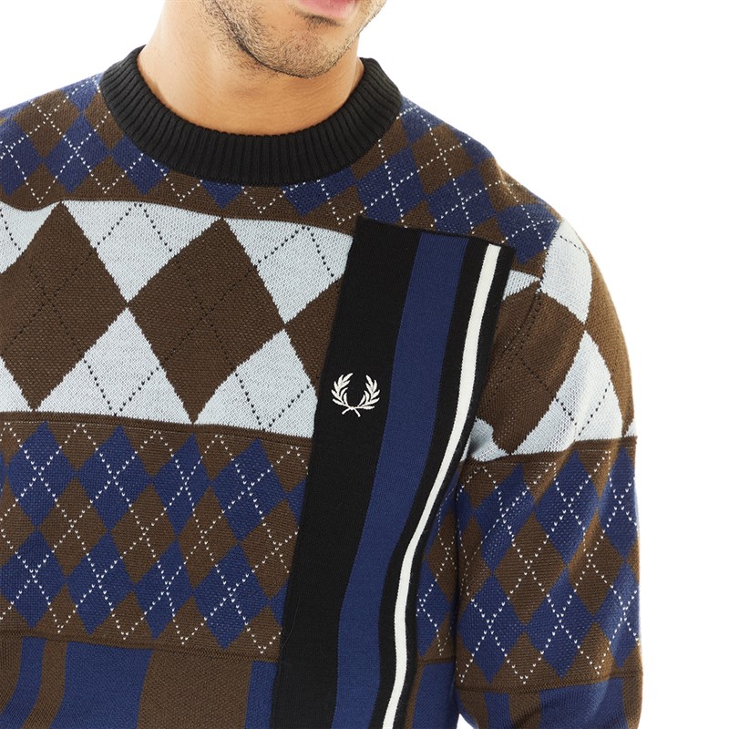 Fred Perry Mens Striped Argyle Jumper Burnt Tobacco