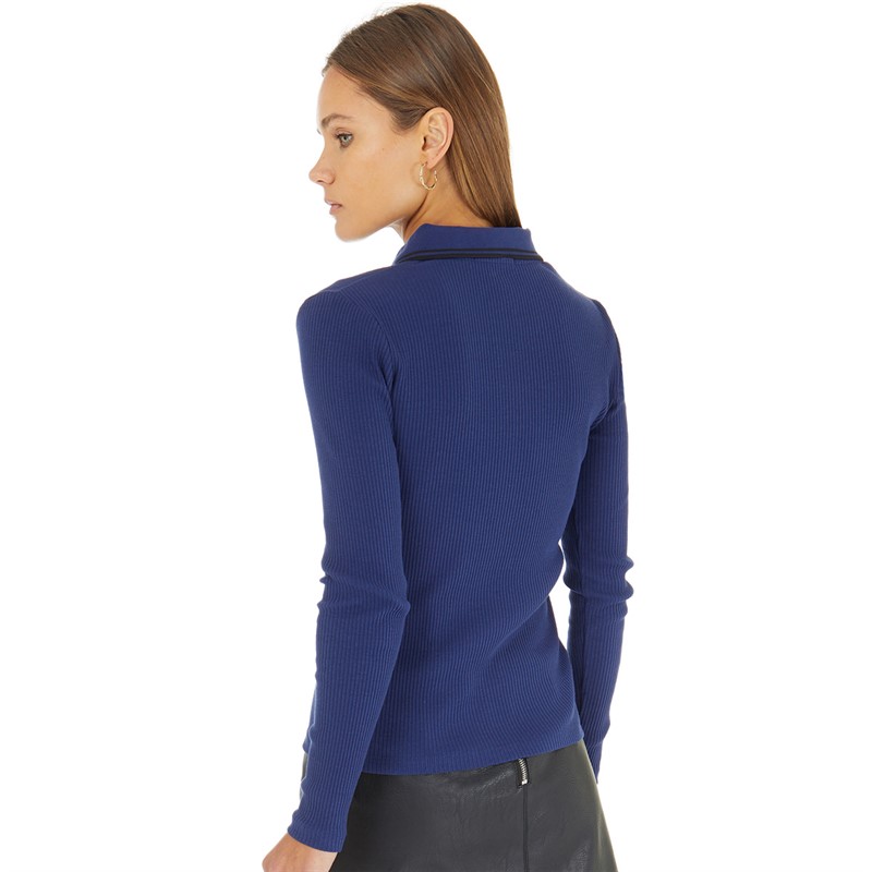 Fred Perry Womens Long Sleeve Ribbed Polo Shirt French Navy