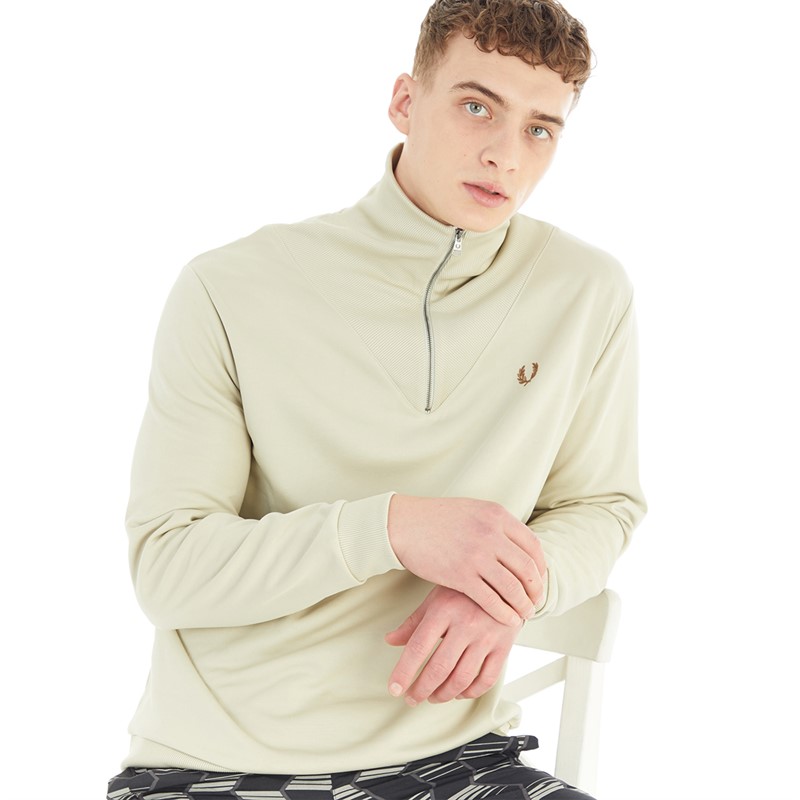 Fred Perry Mens Half Zip Rib Insert 1/2 Zip Sweatshirt Light Oyster