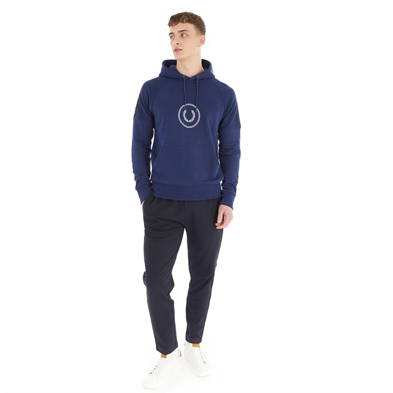 Fred Perry Mens Reverse Panel Circle Branded Hoodie French Navy