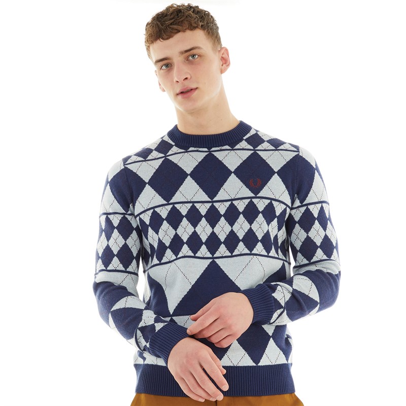 Fred Perry Mens Panelled Argyle Jumper French Navy