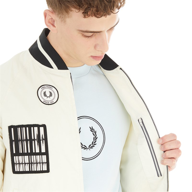 Fred Perry Mens Patch Detail Tennis Bomber Jacket Ecru