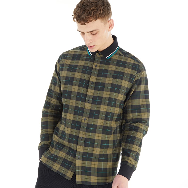 Fred Perry Mens Knitted Collar Tartan Shirt Night Green