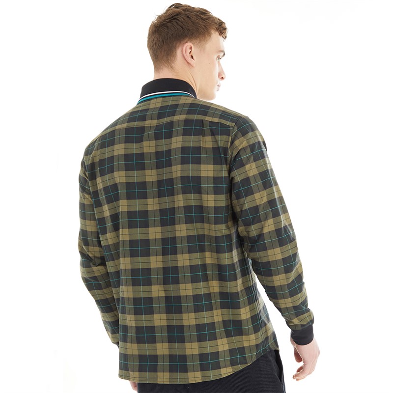 Fred Perry Mens Knitted Collar Tartan Shirt Night Green