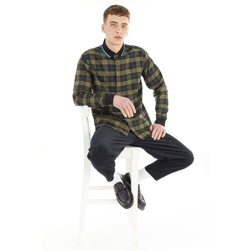 Fred Perry Mens Knitted Collar Tartan Shirt Night Green