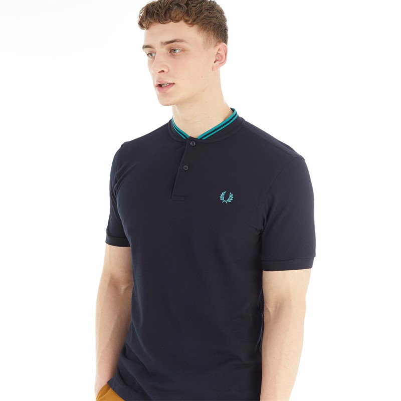 Fred Perry Mens Bomber Collar Polo Shirt Navy/Deep Mint