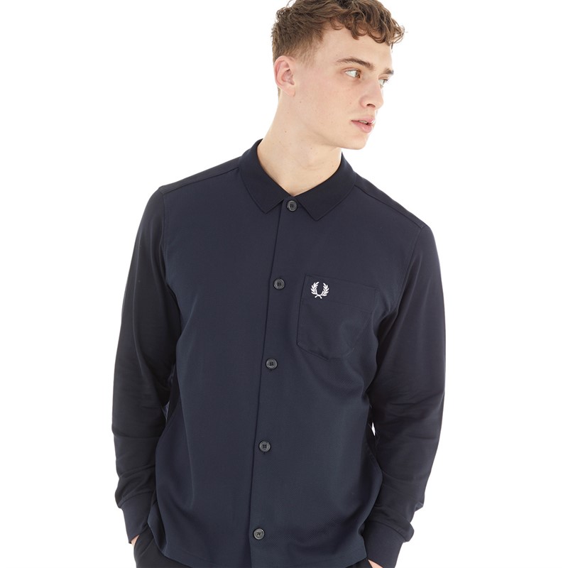 Fred Perry Mens Pique Panel Long Sleeved Shirt Navy