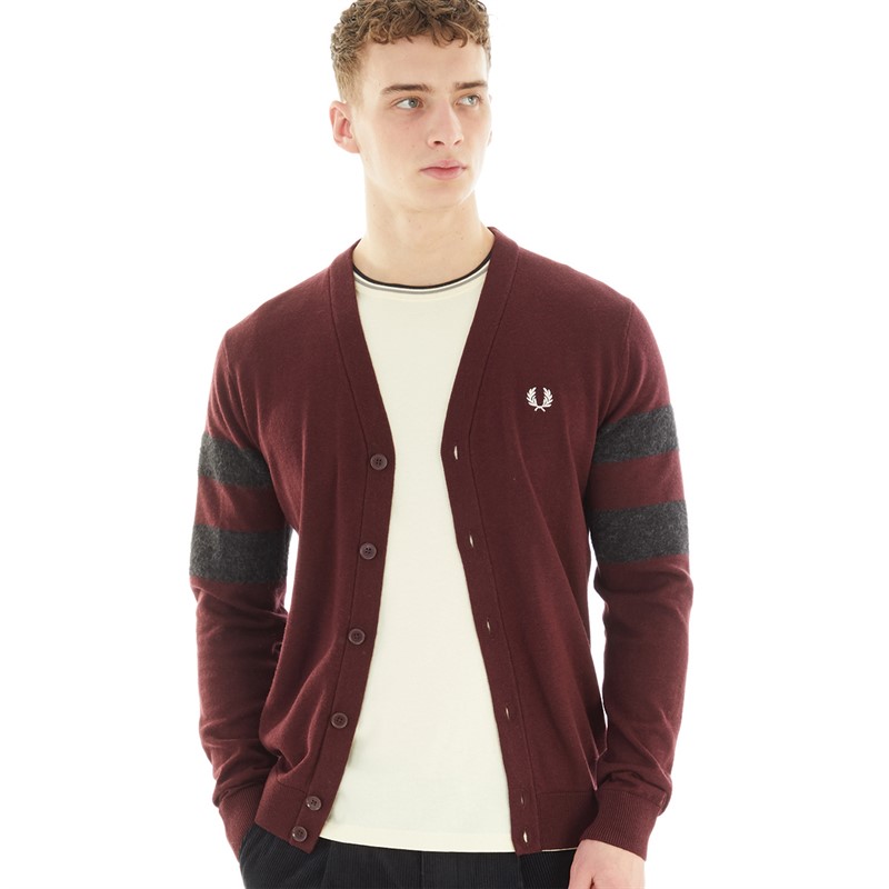 Fred Perry Mens Tipped Sleeve Cardigan Oxblood