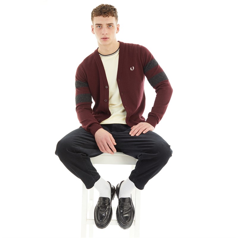 Fred Perry Mens Tipped Sleeve Cardigan Oxblood