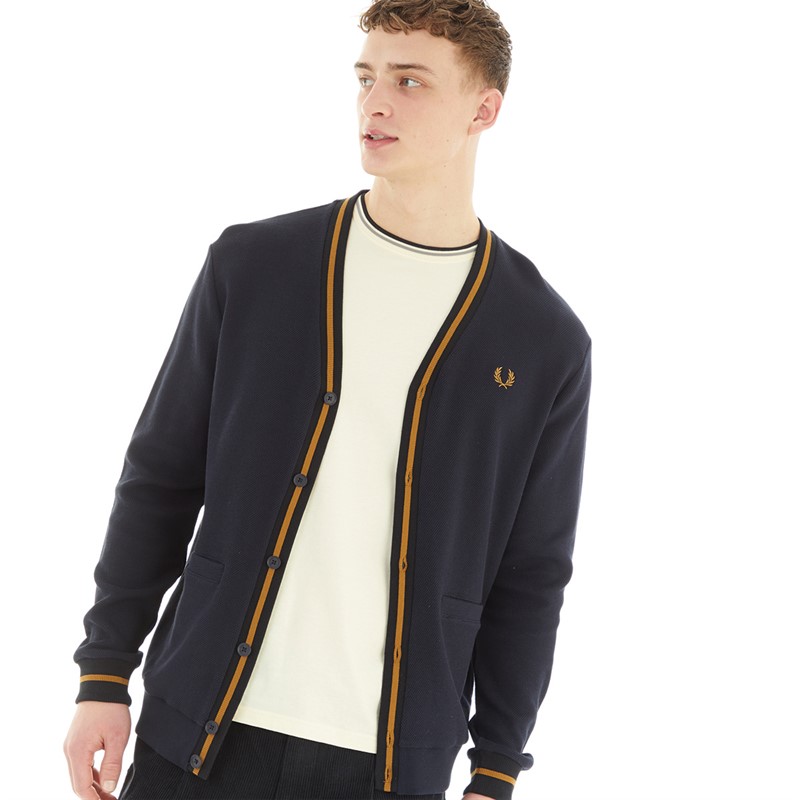 Fred Perry Mens Tipped Pique Texture Cardigan Navy