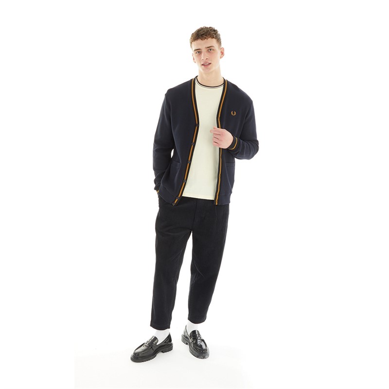 Fred Perry Mens Tipped Pique Texture Cardigan Navy