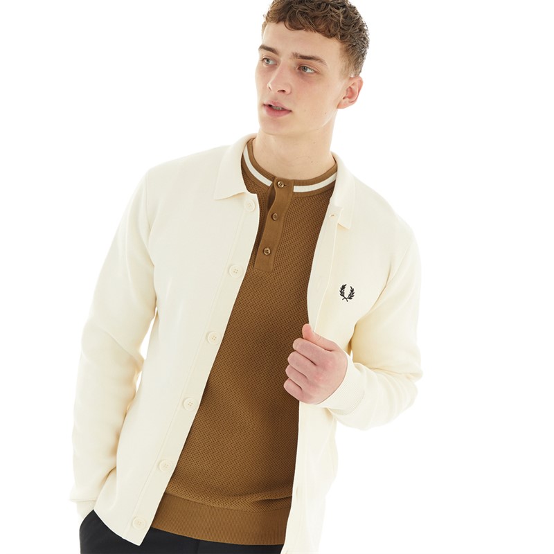 Fred Perry Mens Button Through Knitted Shirt Ecru