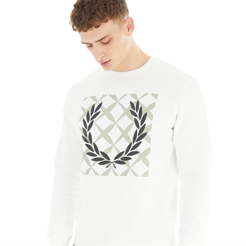 Fred Perry Mens Graphic Cross Stitch Crew Neck Sweatshirt Snow White