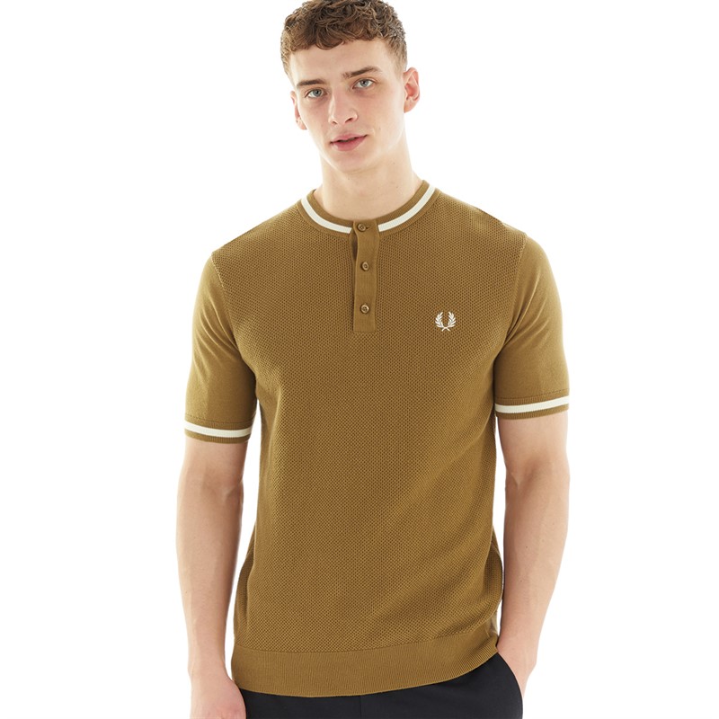 Fred Perry Mens Textured Front Knitted Henley T-Shirt Shaded Stone