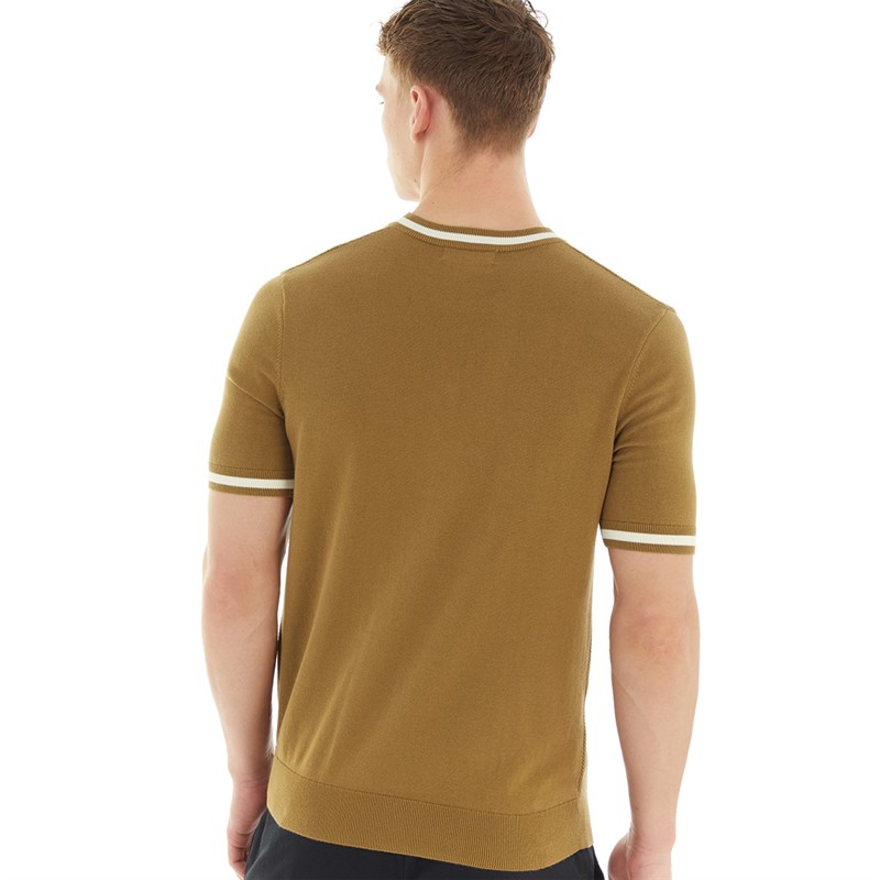 Fred Perry Mens Textured Front Knitted Henley T-Shirt Shaded Stone