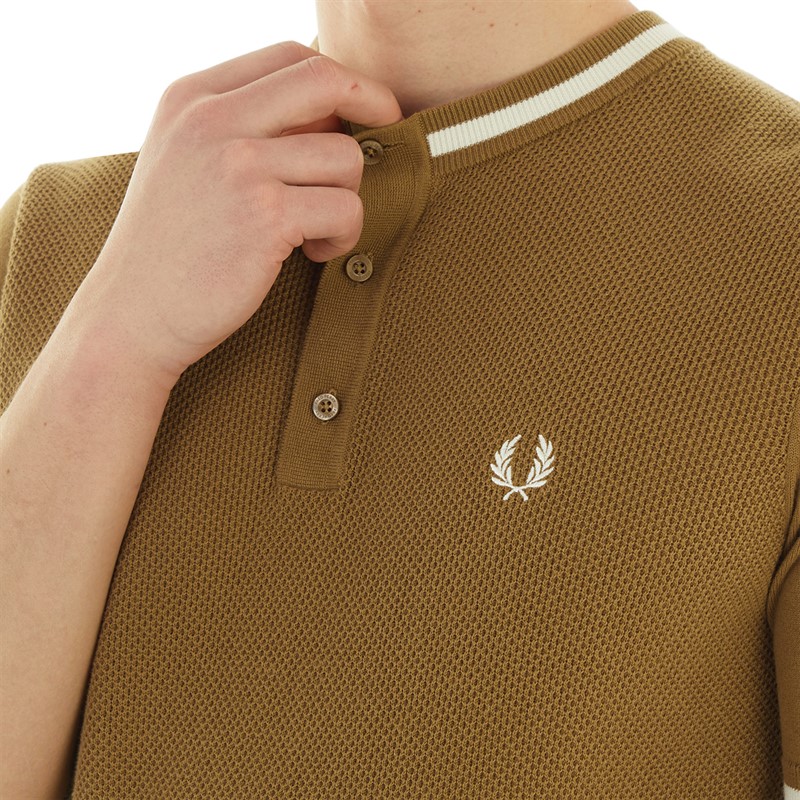 Fred Perry Mens Textured Front Knitted Henley T-Shirt Shaded Stone