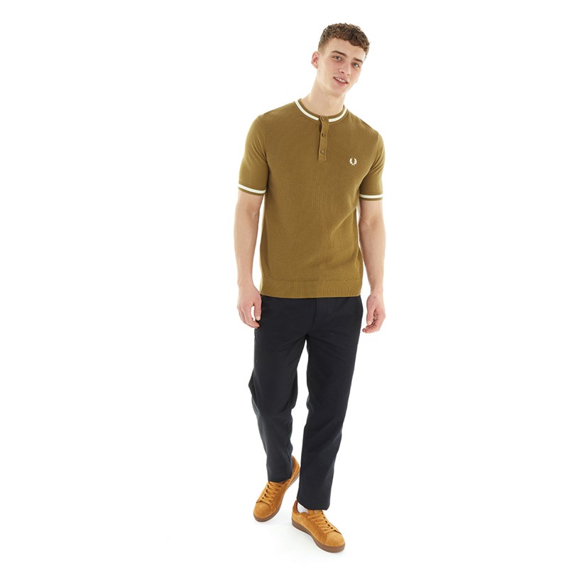 Fred Perry Mens Textured Front Knitted Henley T-Shirt Shaded Stone