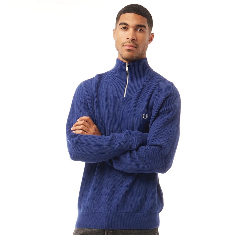 Buy Fred Perry Mens Textured Half Zip Jumper Sapphire