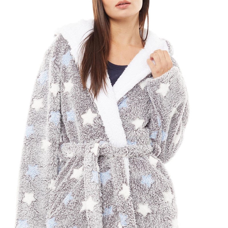 Board Angels Womens Star Frosted Hooded Wellsoft Robe Grey/White