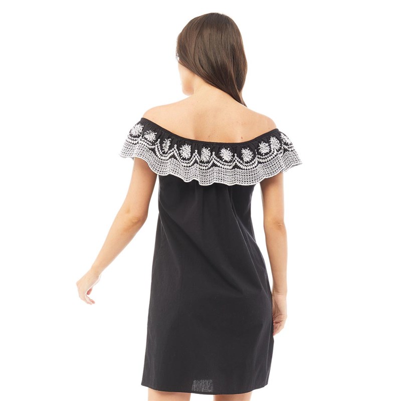 Board Angels Womens Chambray Frill Embroidered Dress Black