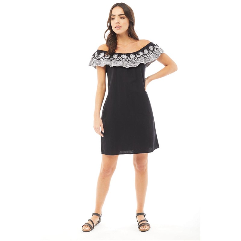 Board Angels Womens Chambray Frill Embroidered Dress Black