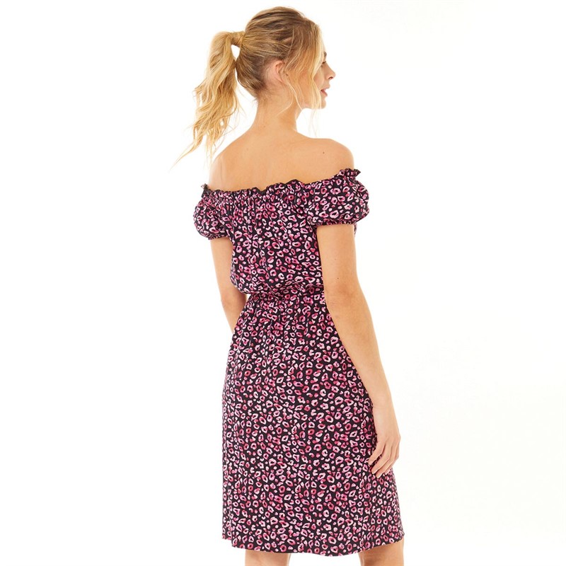 Board Angels Womens Frill Bardot Dress Pink Animal