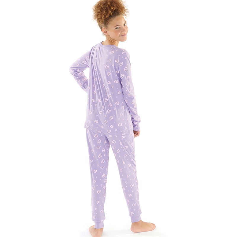 Board Angels Girls AOP Heart Long Sleeved Pyjama Set Lilac