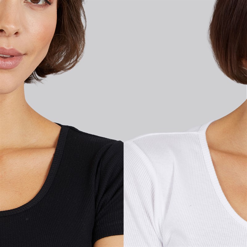 Board Angels Womens Two Pack Scoop Neck Ribbed T-Shirts Black/White