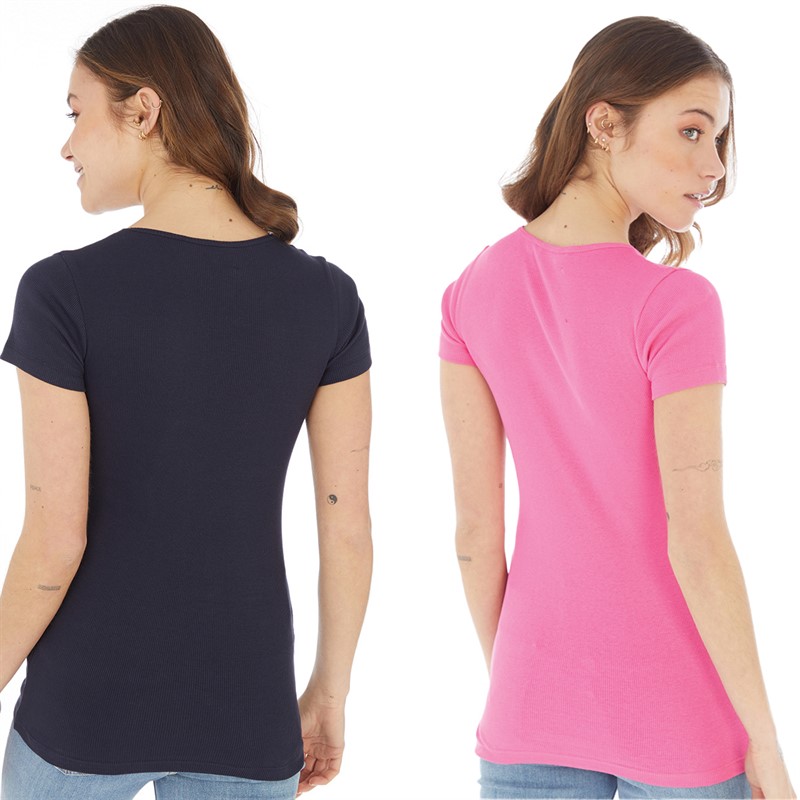 Board Angels Womens Two Pack Scoop Neck Ribbed T-Shirts Pink/Navy