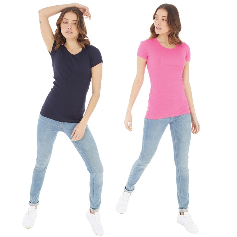 Board Angels Womens Two Pack Scoop Neck Ribbed T-Shirts Pink/Navy