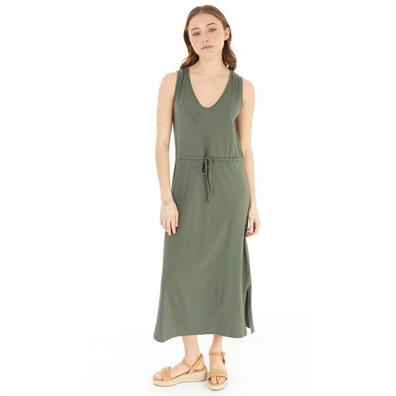 Board Angels Womens Midi Draw Waist Dress Khaki